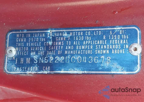 1981 Honda Prelude z USA, uszkodzony, nr VIN JHMSN5222BC043678